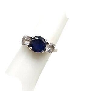 Blue Spinel Clear CZ 3 Stone Engagement Ring Size 7.25 Sterling Silver Vintage